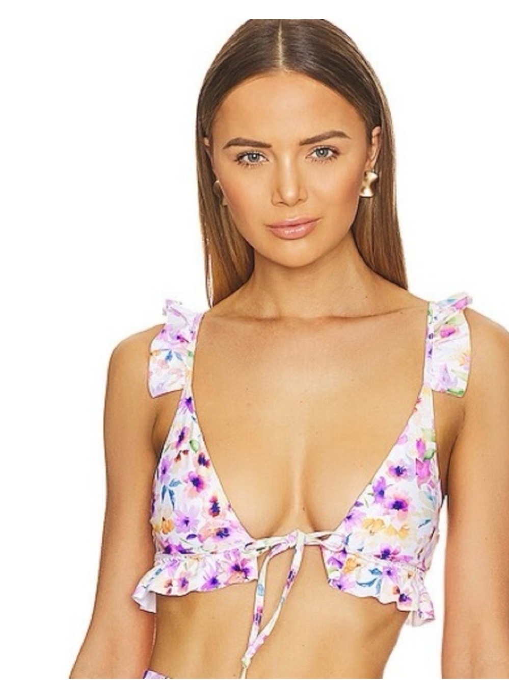 Tularosa Floral Tie-Front Bikini Top in White with Purple & Pink Flowers